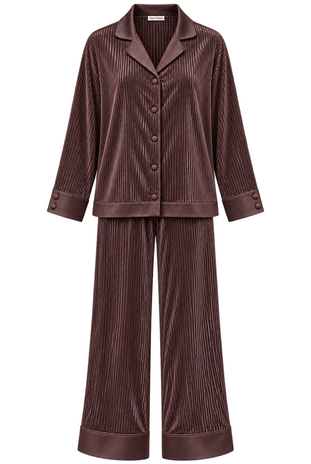 A two-piece pajama set in a brown ribbed plisse fabric, featuring a long-sleeve button-front top with a collar and matching wide-leg pants, shown on a plain white background.