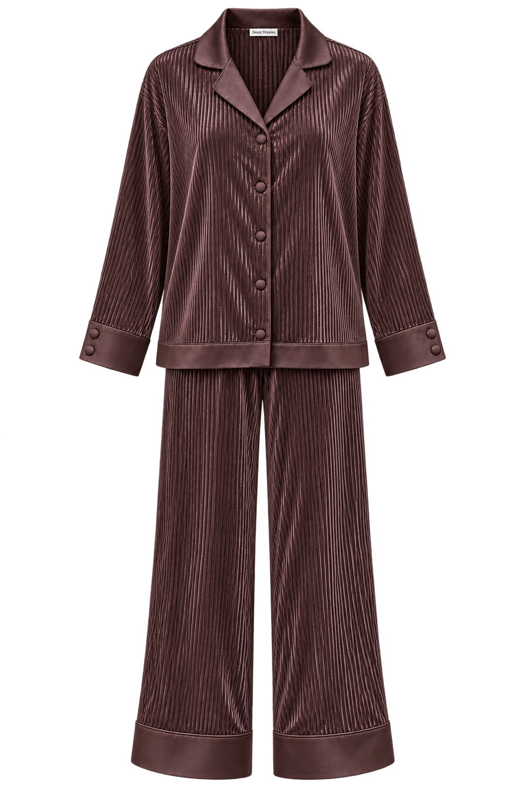 A two-piece pajama set in a brown ribbed plisse fabric, featuring a long-sleeve button-front top with a collar and matching wide-leg pants, shown on a plain white background.