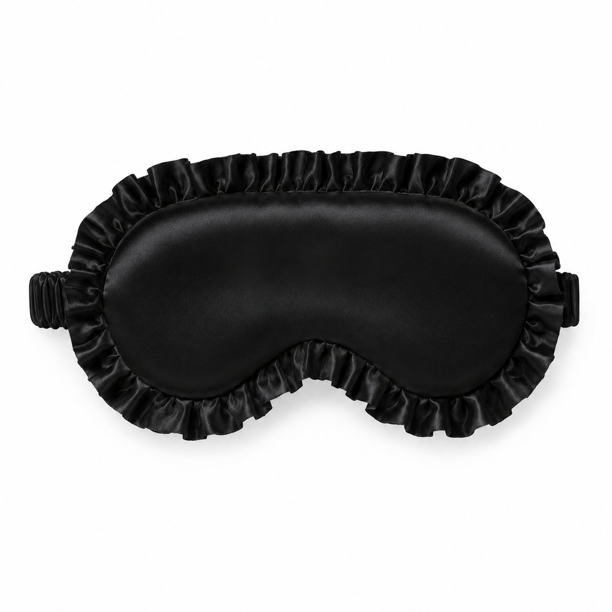 A black satin personalised sleep mask with a ruffled edge and elastic strap, shown flat against a white background.