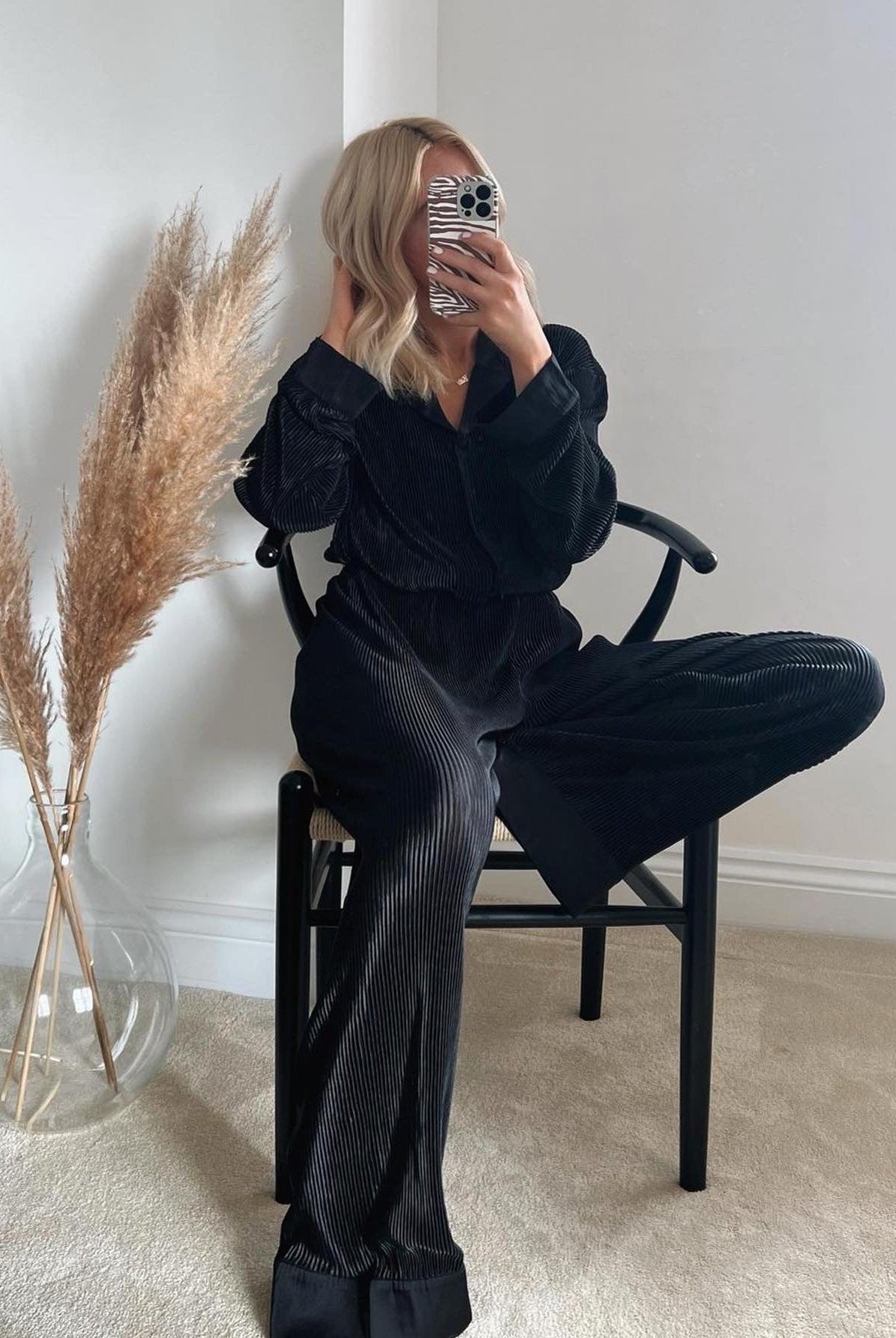 Black plisse pyjamas womens luxury nightwear UK