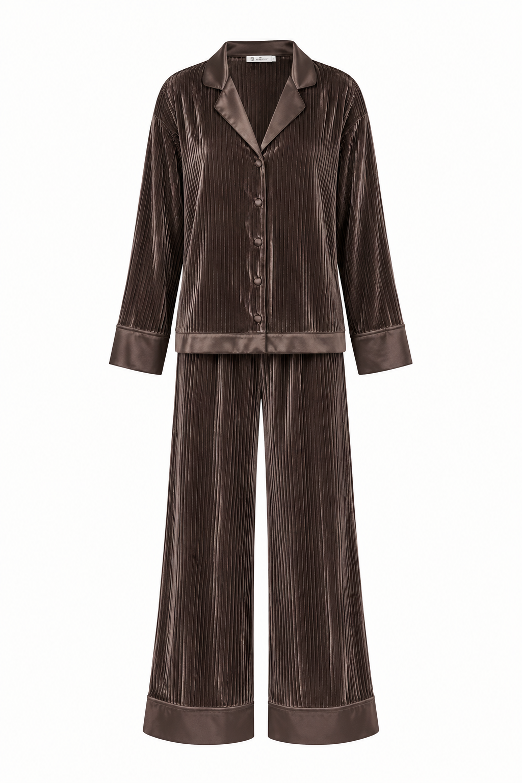 A two-piece pajama set in dark brown corduroy fabric with matching satin trim, featuring a long-sleeve button-front top and wide-leg pants, shown on a plain white background.