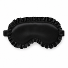 A black satin personalised sleep mask with a ruffled edge and elastic strap, shown flat against a white background.