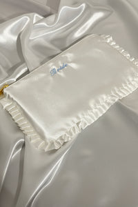 Satin clutch bag purse with ruffled edge and 'Bride' embroidery 