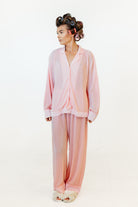 Model in pink personalised pjs