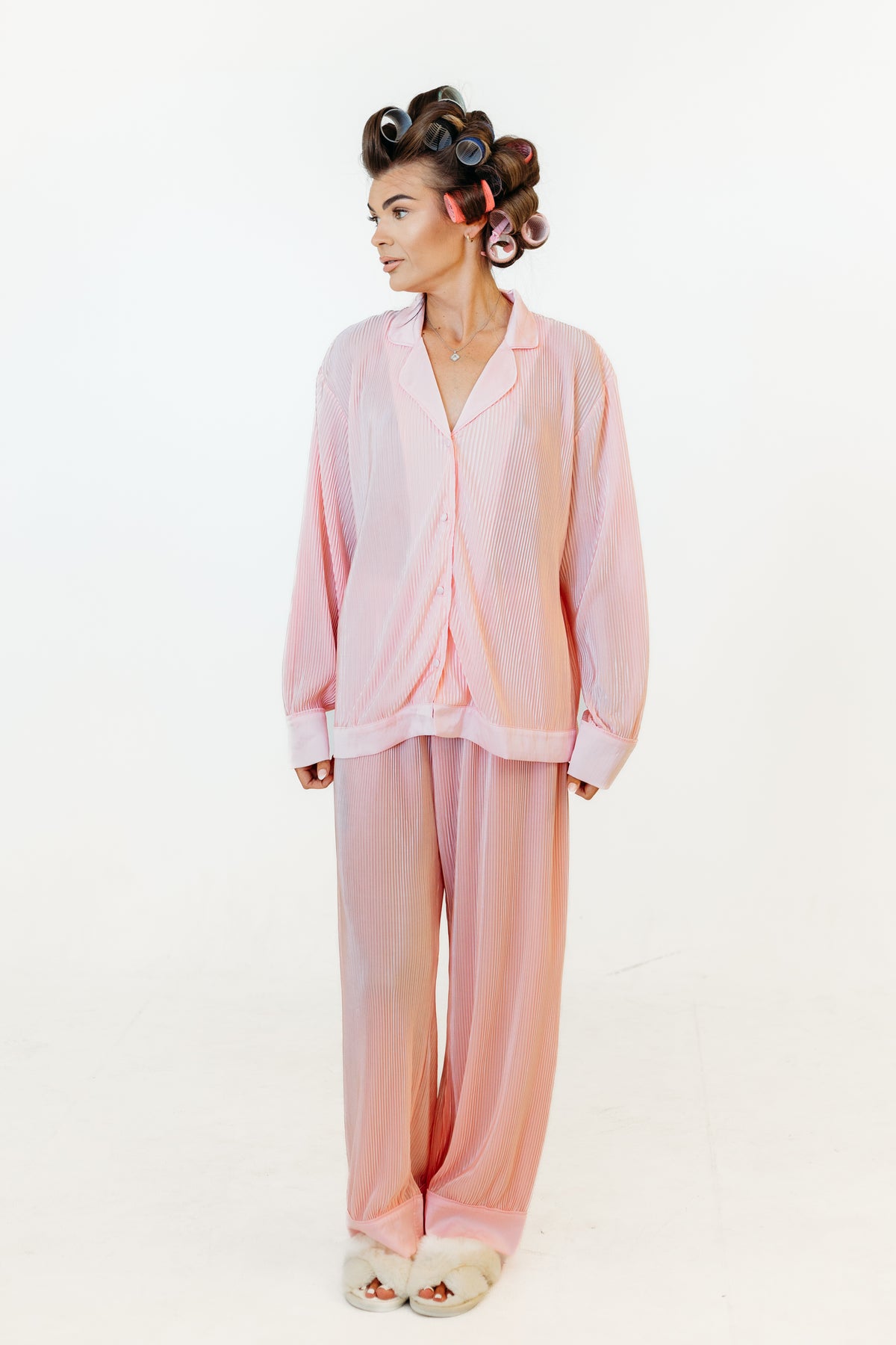 Model in pink personalised pjs