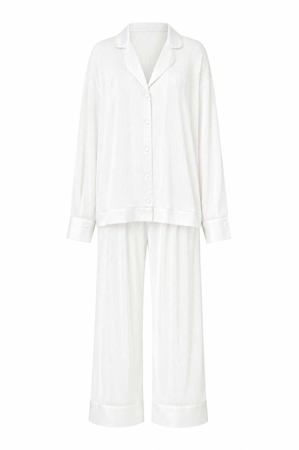 A two-piece white pajama set consisting of a long-sleeve button-front top with a collar and matching wide-leg pants, shown on a plain white background.