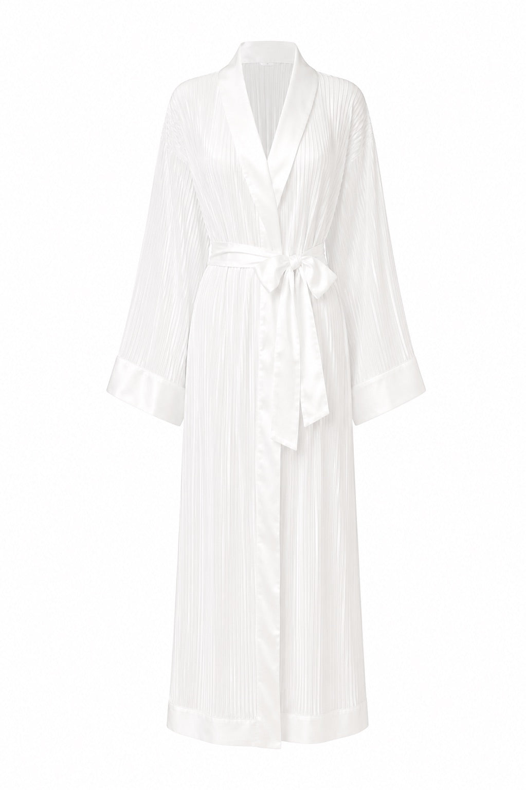 A white long-sleeved silk robe with a shawl collar, tie belt, and subtle vertical pleats, shown against a plain white background.